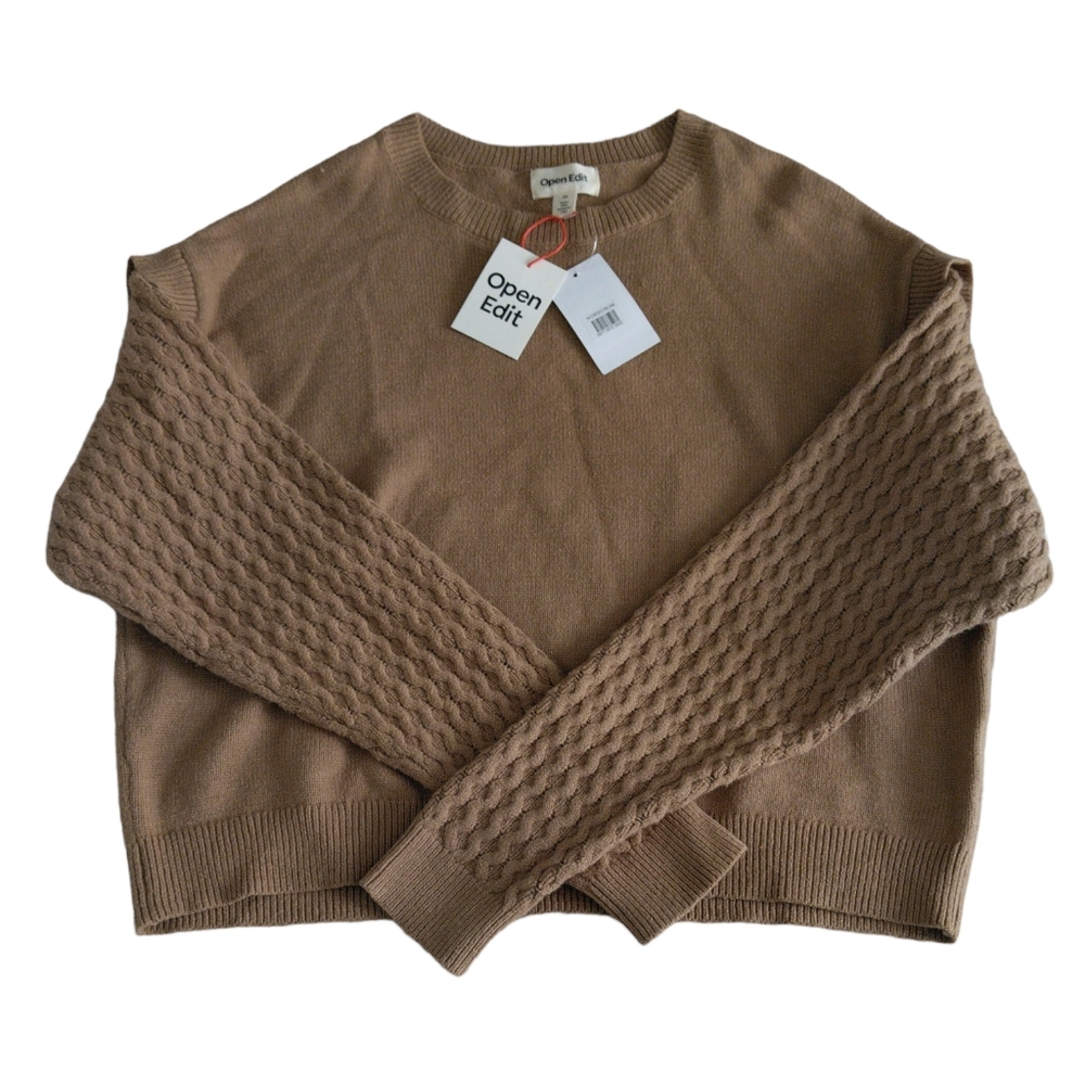 NWT Open Edit Medium Tan Amphora Cable Knit Sleeve Sweater